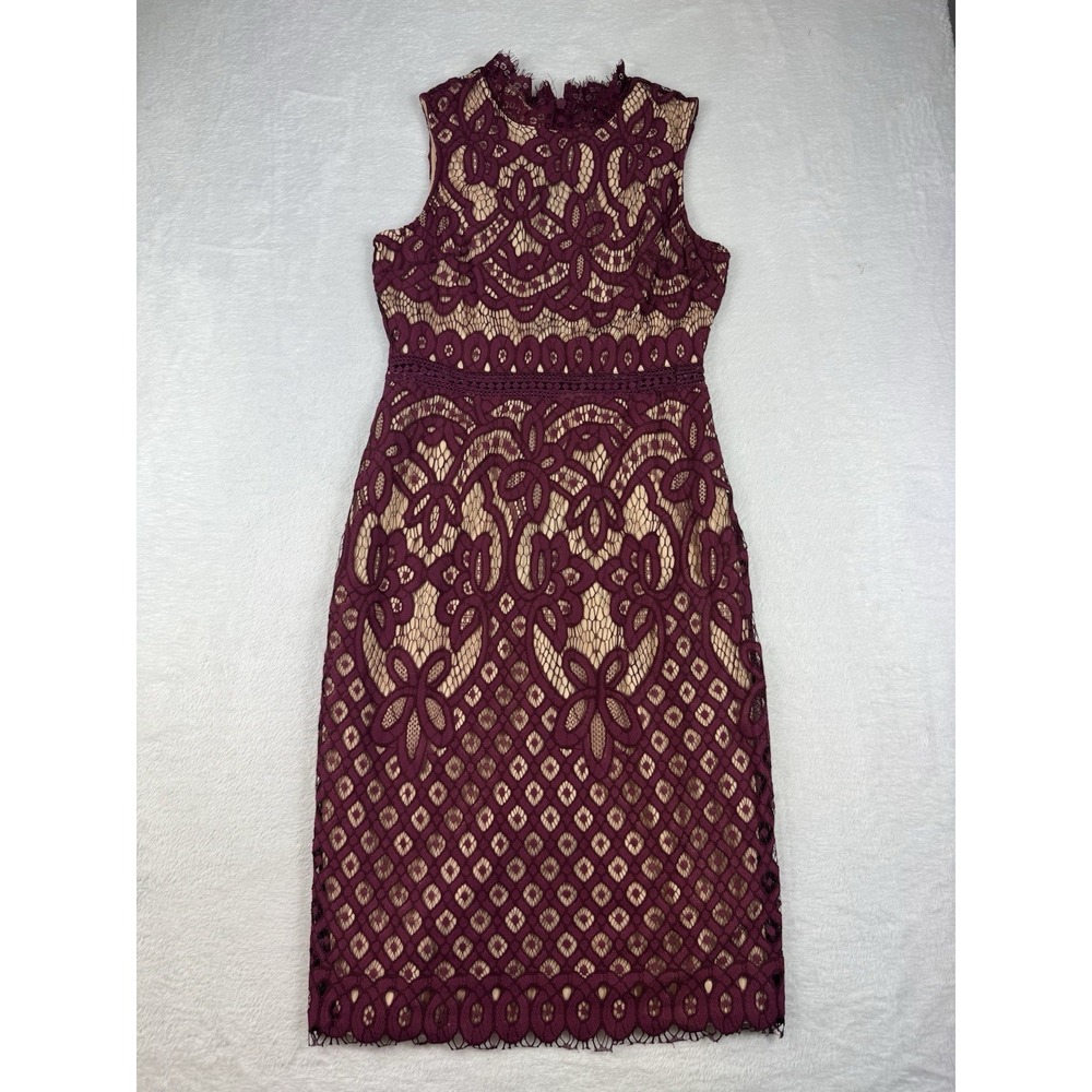 Lulus Bordeaux Blush Lace Overlay Cocktail Sheath Dress, Size M Romantic